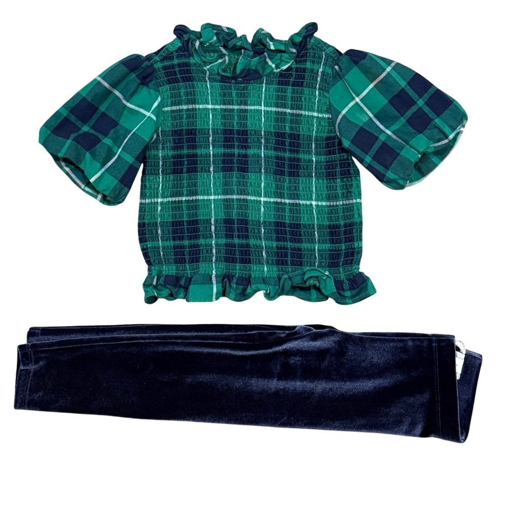 Janie and Jack Girls Green Plaid Smocked Top & Navy Velour Leggings Set Size 2/3